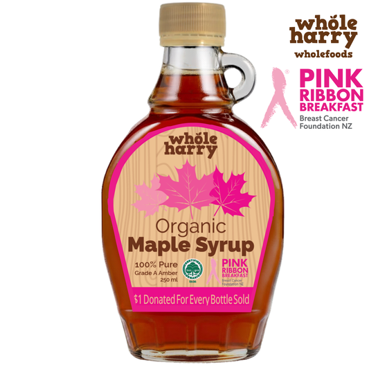 Bottle of Whole Harry Organic Maple Syrup Partnership with Pink Ribbon Breakfast. Breast Cancver Foundation NZ